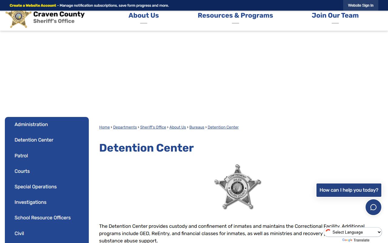 Craven County Detention Center inmate roster and visitation information