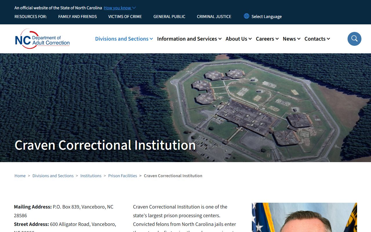 Craven Correctional Institution NC DAC inmate lookup facility page